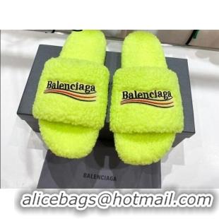 Good Quality Balenciaga Fur Signature Flat Slide Sandals Neon Yellow 072104