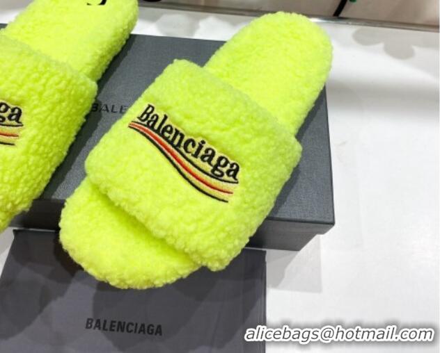 Good Quality Balenciaga Fur Signature Flat Slide Sandals Neon Yellow 072104