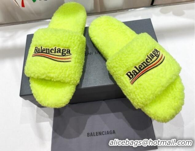 Good Quality Balenciaga Fur Signature Flat Slide Sandals Neon Yellow 072104