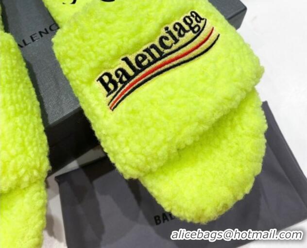 Good Quality Balenciaga Fur Signature Flat Slide Sandals Neon Yellow 072104