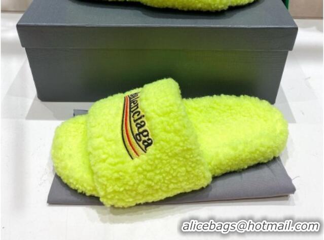 Good Quality Balenciaga Fur Signature Flat Slide Sandals Neon Yellow 072104