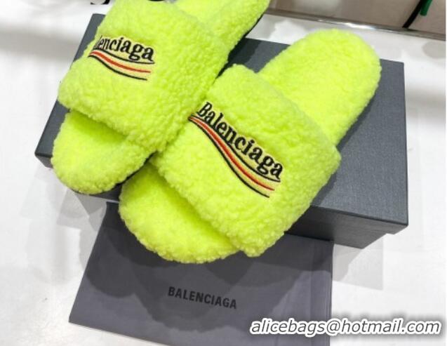 Good Quality Balenciaga Fur Signature Flat Slide Sandals Neon Yellow 072104