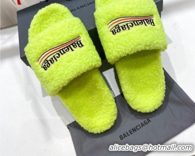 Good Quality Balenciaga Fur Signature Flat Slide Sandals Neon Yellow 072104