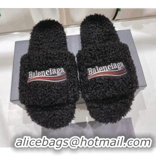 Stylish Balenciaga Fur Signature Flat Slide Sandals Black 072105