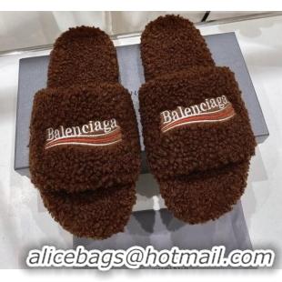 Sophisticated Balenciaga Fur Signature Flat Slide Sandals Chocolate 072106