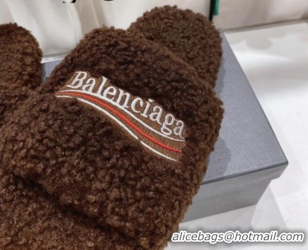 Sophisticated Balenciaga Fur Signature Flat Slide Sandals Chocolate 072106