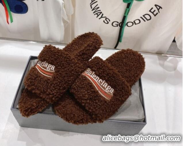 Sophisticated Balenciaga Fur Signature Flat Slide Sandals Chocolate 072106