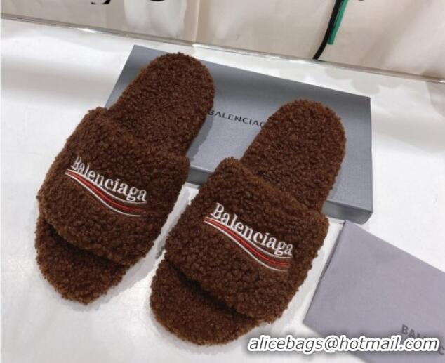 Sophisticated Balenciaga Fur Signature Flat Slide Sandals Chocolate 072106