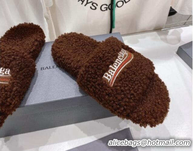 Sophisticated Balenciaga Fur Signature Flat Slide Sandals Chocolate 072106