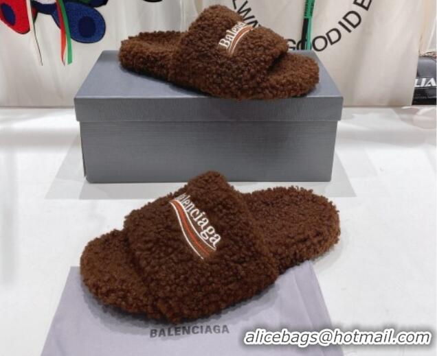 Sophisticated Balenciaga Fur Signature Flat Slide Sandals Chocolate 072106