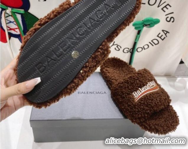 Sophisticated Balenciaga Fur Signature Flat Slide Sandals Chocolate 072106