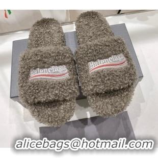 Sumptuous Balenciaga Fur Signature Flat Slide Sandals Grey 072107