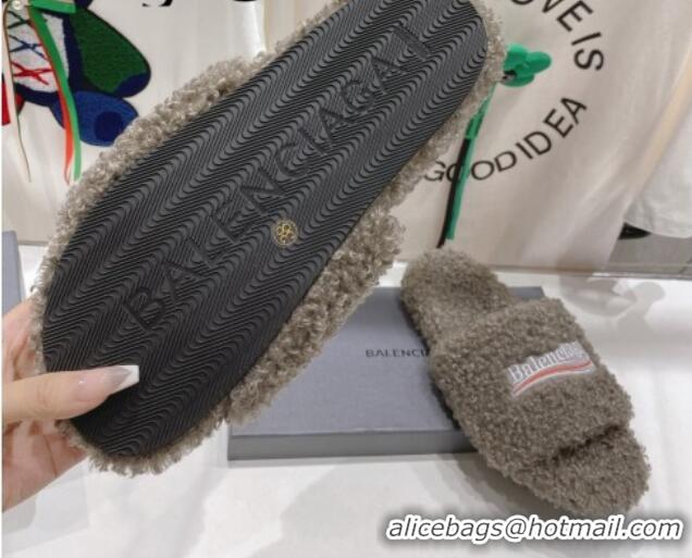 Sumptuous Balenciaga Fur Signature Flat Slide Sandals Grey 072107