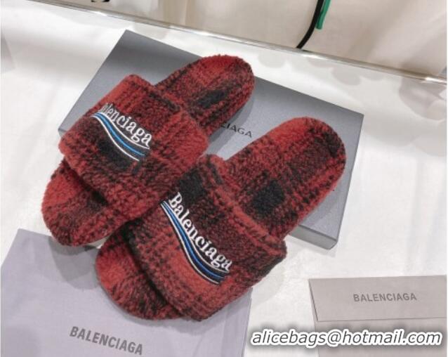 Best Grade Balenciaga Fur Signature Flat Slide Sandals Red 072108