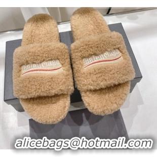 Grade Quality Balenciaga Fur Signature Flat Slide Sandals Camel Brown 072109