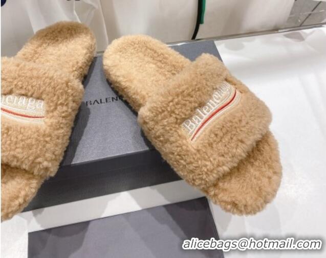 Grade Quality Balenciaga Fur Signature Flat Slide Sandals Camel Brown 072109