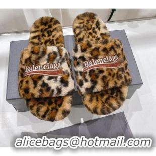 Pretty Style Balenciaga Fur Signature Flat Slide Sandals Leopard Print 072110