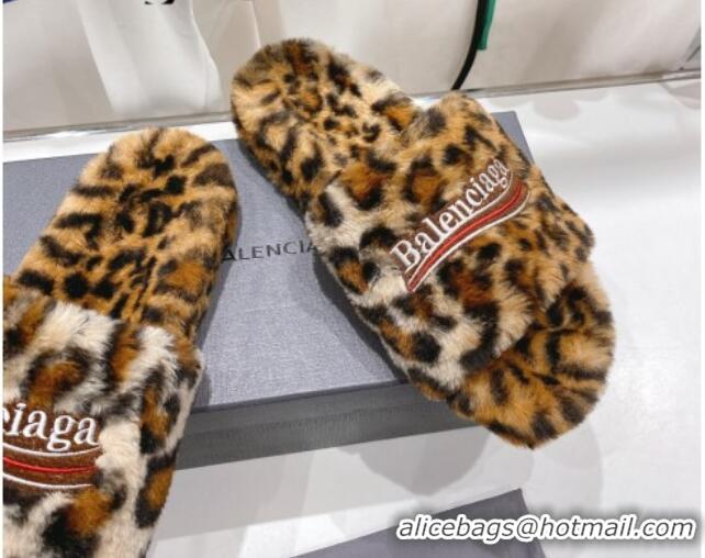 Pretty Style Balenciaga Fur Signature Flat Slide Sandals Leopard Print 072110