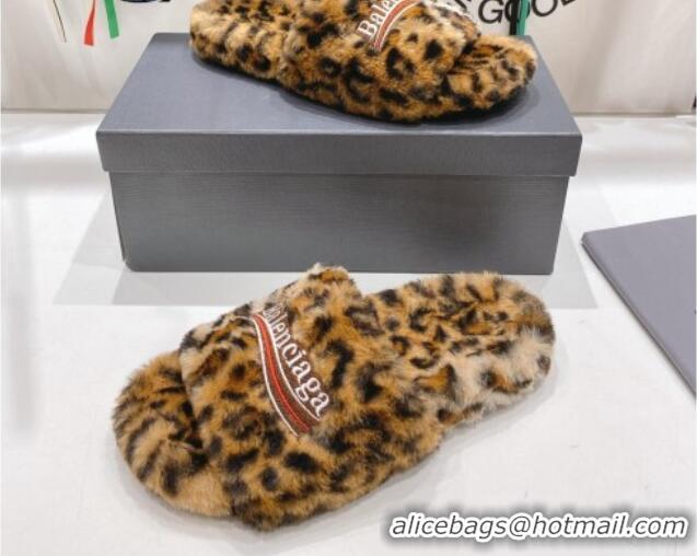 Pretty Style Balenciaga Fur Signature Flat Slide Sandals Leopard Print 072110