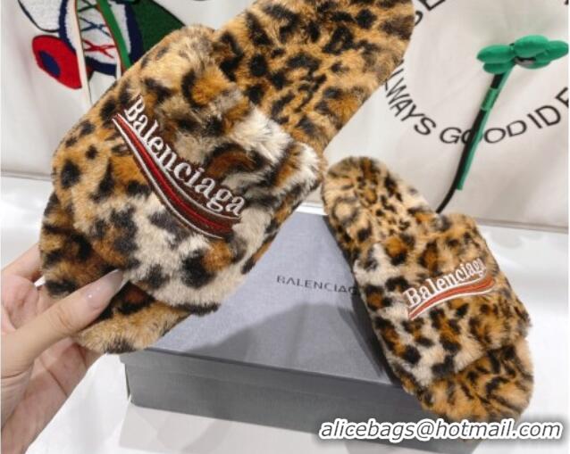 Pretty Style Balenciaga Fur Signature Flat Slide Sandals Leopard Print 072110