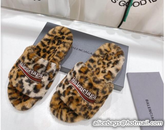 Pretty Style Balenciaga Fur Signature Flat Slide Sandals Leopard Print 072110