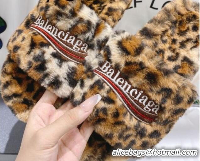 Pretty Style Balenciaga Fur Signature Flat Slide Sandals Leopard Print 072110