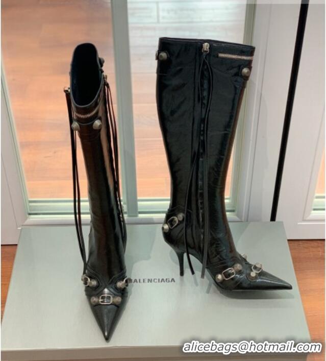 Classic Hot Balenciaga Cagole High Boots 9cm in Crinkle Shiny Leather Black 0831116