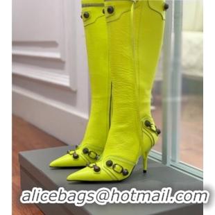 Stylish Balenciaga Cagole High Boots 9cm in Crinkle Shiny Leather Neon Green 831118