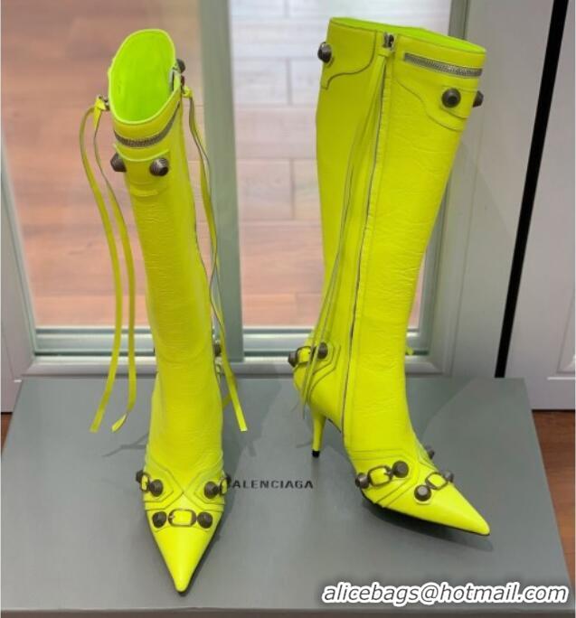 Stylish Balenciaga Cagole High Boots 9cm in Crinkle Shiny Leather Neon Green 831118