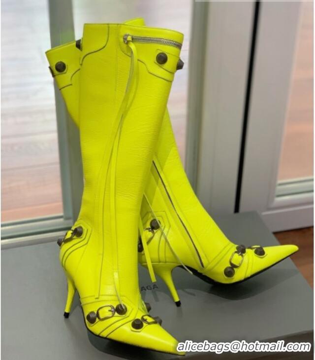 Stylish Balenciaga Cagole High Boots 9cm in Crinkle Shiny Leather Neon Green 831118