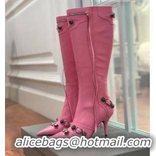 Perfect Balenciaga Cagole High Boots 9cm in Crinkle Shiny Leather Pink 831119