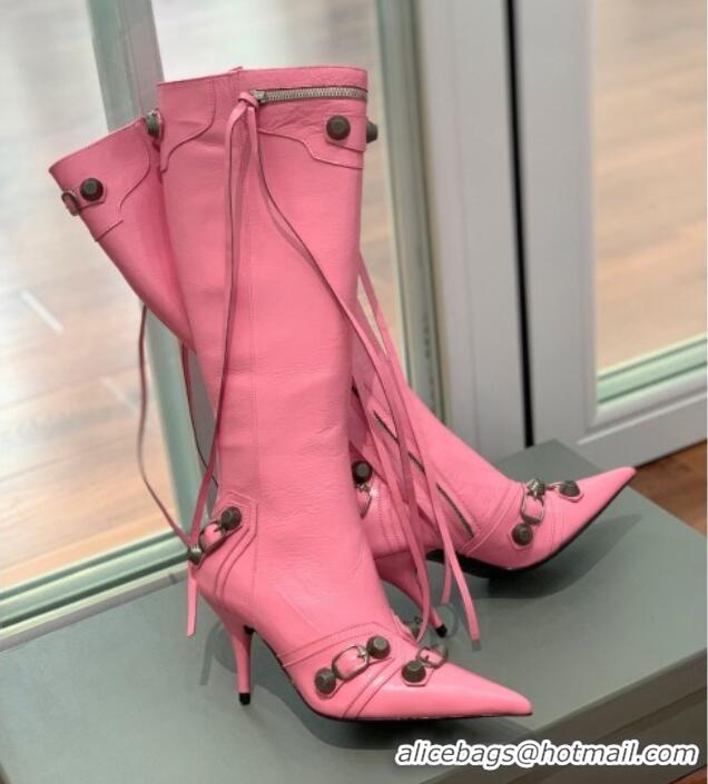 Perfect Balenciaga Cagole High Boots 9cm in Crinkle Shiny Leather Pink 831119