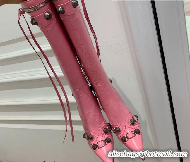 Perfect Balenciaga Cagole High Boots 9cm in Crinkle Shiny Leather Pink 831119