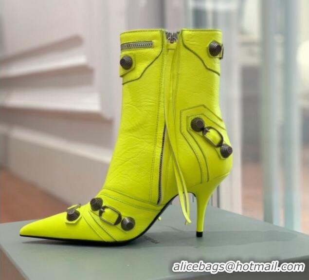 Luxury Balenciaga Cagole Ankle Boots 9cm in Crinkle Shiny Leather Neon Green 0831123