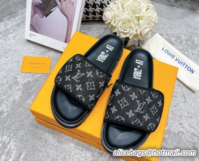 Modern Louis Vuitton Pool Pillow Comfort Slide Sandals in Monogram Denim Black 052364