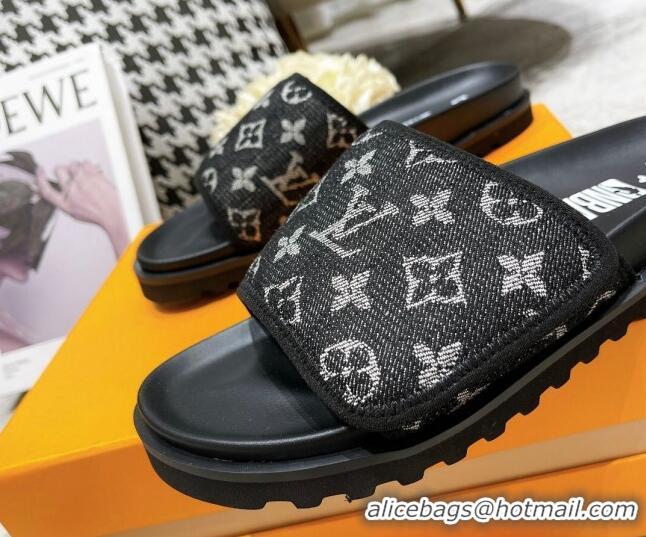 Modern Louis Vuitton Pool Pillow Comfort Slide Sandals in Monogram Denim Black 052364