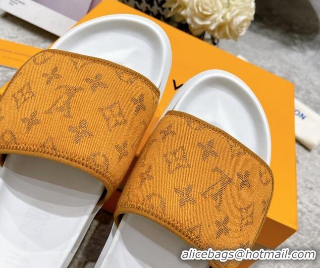 Shop Duplicate Louis Vuitton Pool Pillow Comfort Slide Sandals in Monogram Denim Yellow 052365