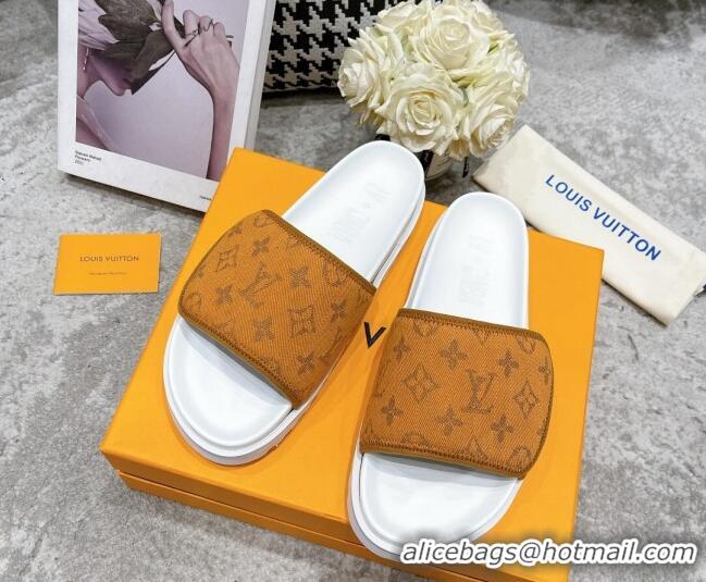 Shop Duplicate Louis Vuitton Pool Pillow Comfort Slide Sandals in Monogram Denim Yellow 052365