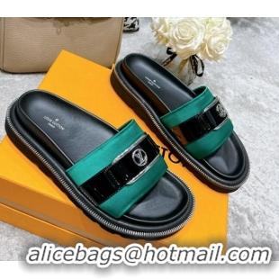 Classic Hot Louis Vuitton Pool Pillow Comfort Satin Slide Sandals with LV Circle Buckle Green 052368