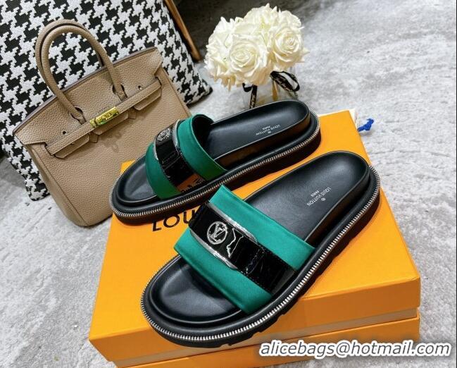 Classic Hot Louis Vuitton Pool Pillow Comfort Satin Slide Sandals with LV Circle Buckle Green 052368