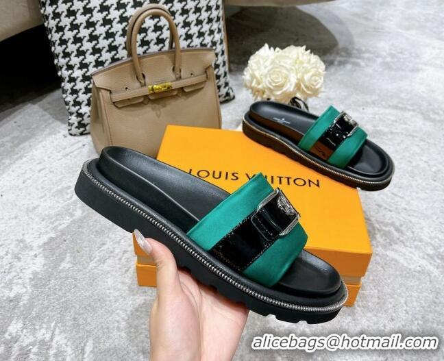 Classic Hot Louis Vuitton Pool Pillow Comfort Satin Slide Sandals with LV Circle Buckle Green 052368