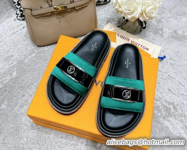 Classic Hot Louis Vuitton Pool Pillow Comfort Satin Slide Sandals with LV Circle Buckle Green 052368