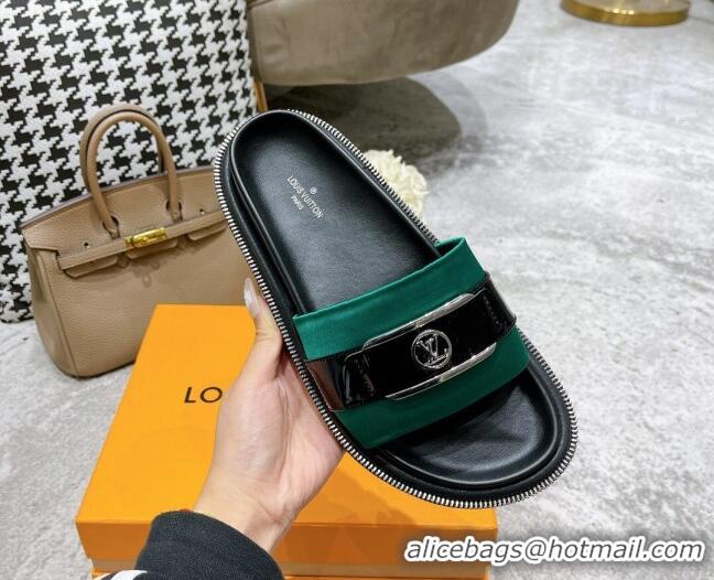 Classic Hot Louis Vuitton Pool Pillow Comfort Satin Slide Sandals with LV Circle Buckle Green 052368