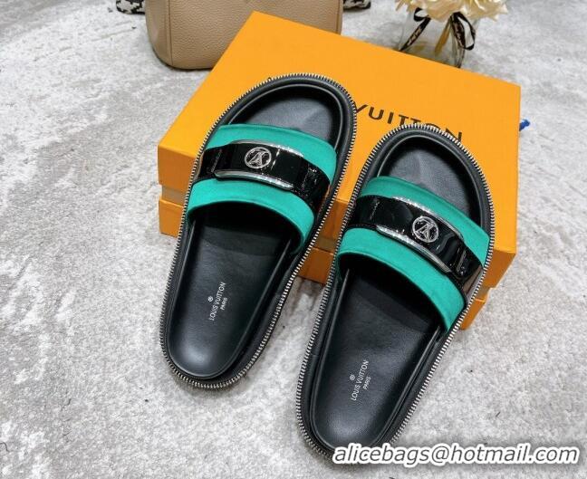 Classic Hot Louis Vuitton Pool Pillow Comfort Satin Slide Sandals with LV Circle Buckle Green 052368