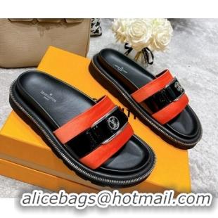 Good Quality Louis Vuitton Pool Pillow Comfort Satin Slide Sandals with LV Circle Buckle Orange 052369