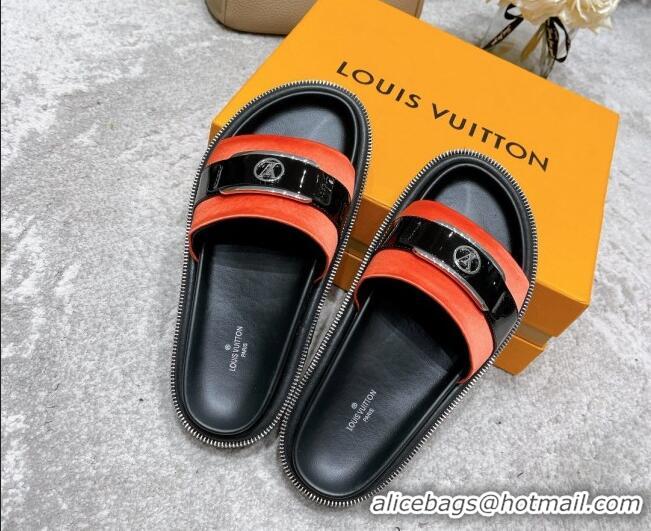 Good Quality Louis Vuitton Pool Pillow Comfort Satin Slide Sandals with LV Circle Buckle Orange 052369