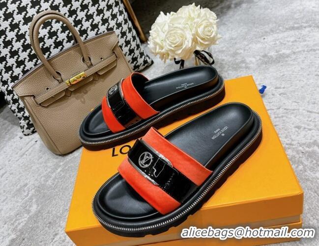 Good Quality Louis Vuitton Pool Pillow Comfort Satin Slide Sandals with LV Circle Buckle Orange 052369