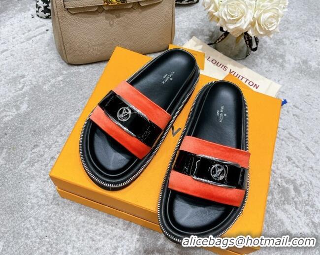 Good Quality Louis Vuitton Pool Pillow Comfort Satin Slide Sandals with LV Circle Buckle Orange 052369