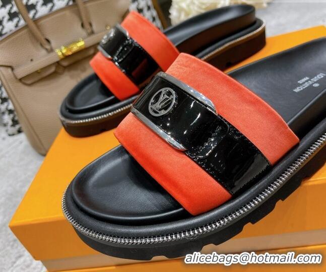 Good Quality Louis Vuitton Pool Pillow Comfort Satin Slide Sandals with LV Circle Buckle Orange 052369