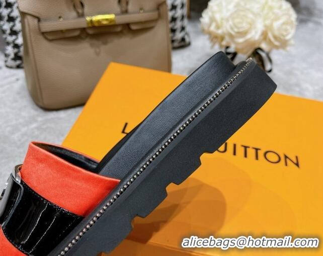 Good Quality Louis Vuitton Pool Pillow Comfort Satin Slide Sandals with LV Circle Buckle Orange 052369